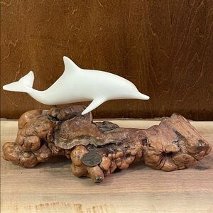 John Perry White Dolphin Sculpture on Natural Wood Base
